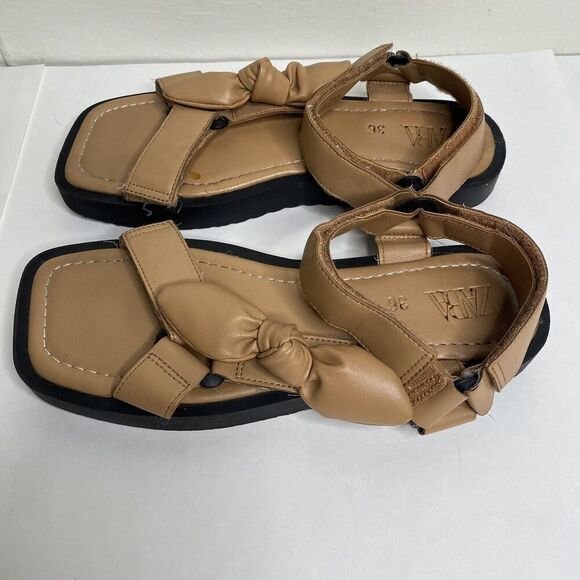 Zara Womens Tan Strapped Bow Sandals Size 36 Fits Like US 6.5 - Picture 3 of 9
